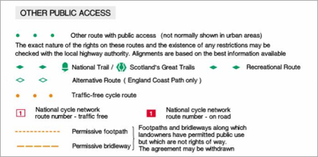 OS Explorer Maps key - Other Public Access (National trails, Recreational Routes, permissive footpaths, etc)