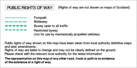 OS Explorer Maps key - Public Rights of Way (Footpaths, Bridleways, Byways, etc)